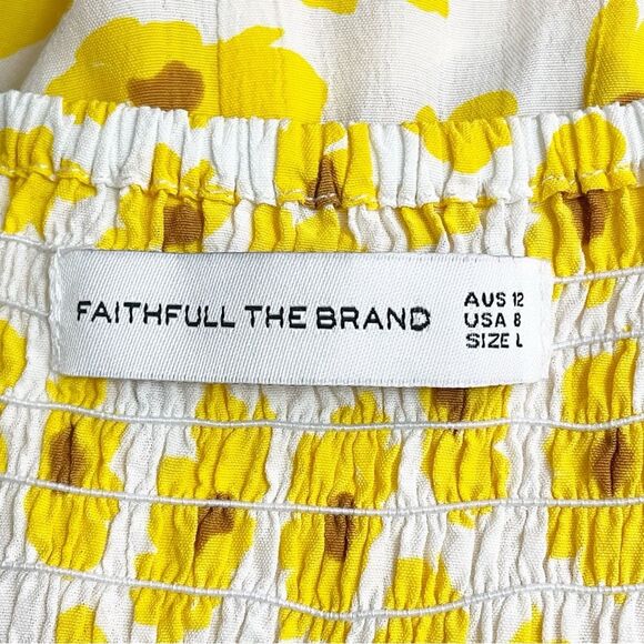 Faithfull the Brand Noemie Dress Size 8 US Yellow Floral Midi Ruffle Hem Smocked - Picture 10 of 14
